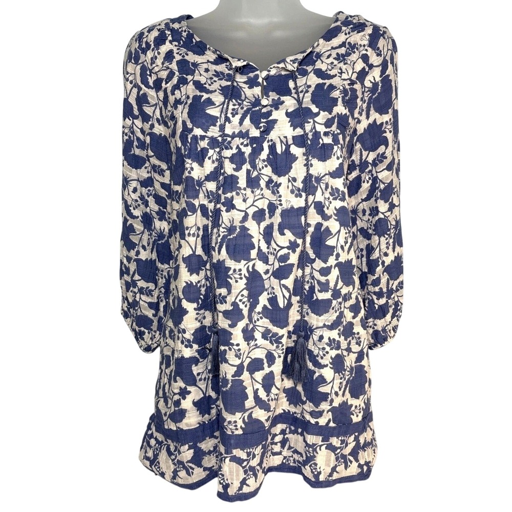 Studio Park Size XST blu Floral Print Blouse 3/4 Sleeve Lined Xsmall Tall Pocket
